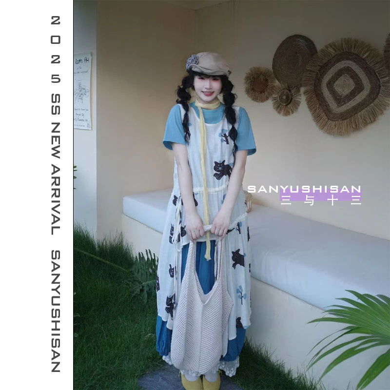 三与十三|喵喵幻影|夏季新款叠穿不撞衫印花飘带背心连衣裙