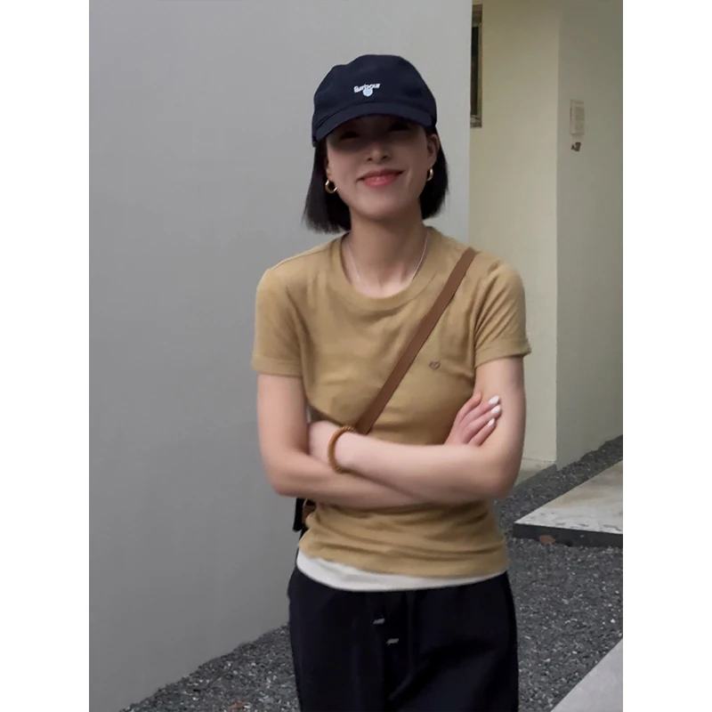 LANGQING 黄色圆领薄款莱赛尔天丝时尚休闲T恤160039#