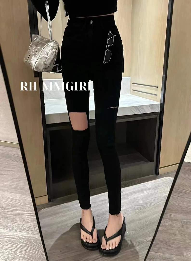 高腰破洞牛仔裤女显瘦弹力紧身小脚裤九分裤百搭时尚