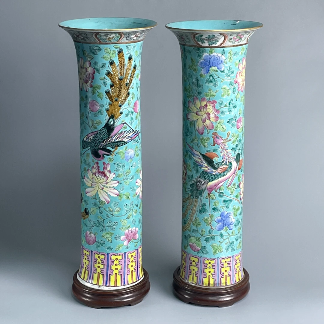 清光绪松石绿地粉彩凤穿花大箭筒一对（带底座）M25DW003C78