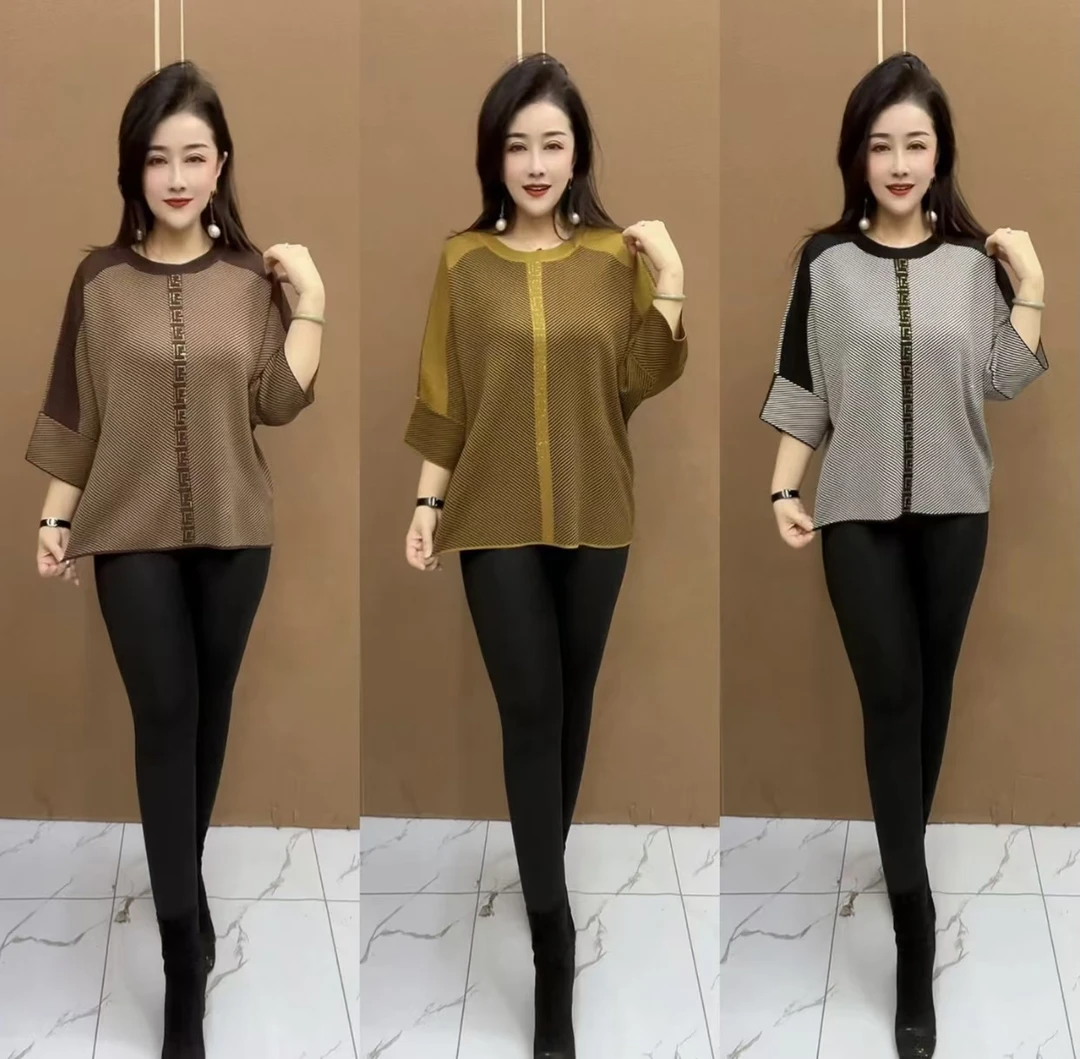 2024春夏款中老年妈妈装圆领时尚套头打底针织衫