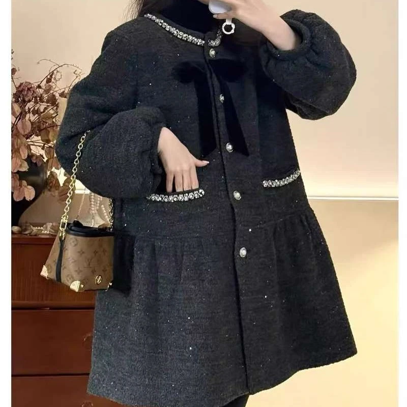 冬季夹棉外套毛呢小香风圆领蝴蝶结气质花苞袖精致显瘦百搭