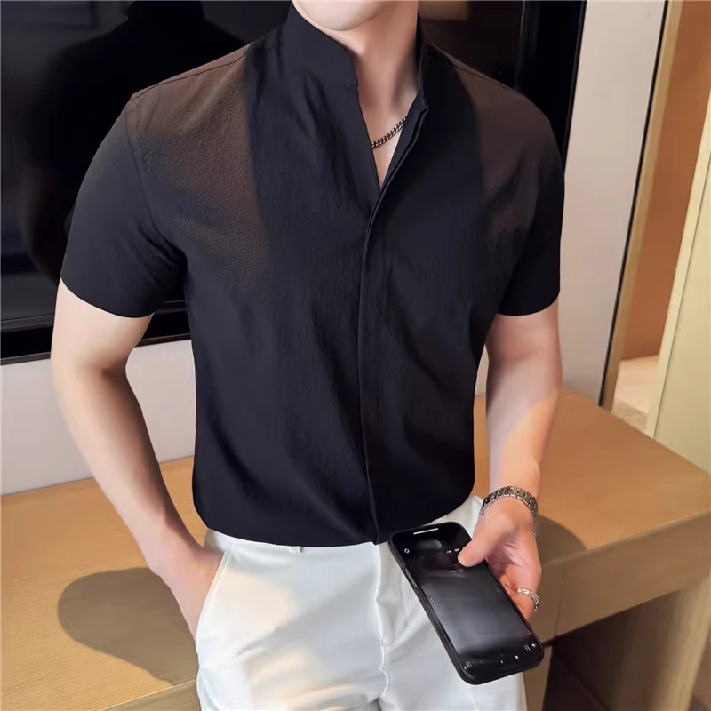 泡泡纱衬衫男士短袖夏季冰丝高级感男装2025新款痞帅立领衬衣男款