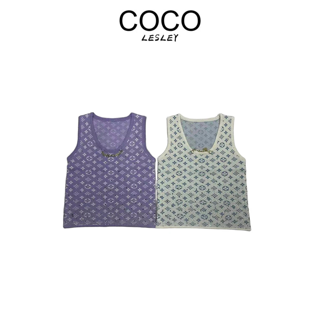 【COCO LESLEY】印花圆领短袖毛针织衫提花休闲打底 502紫+蓝