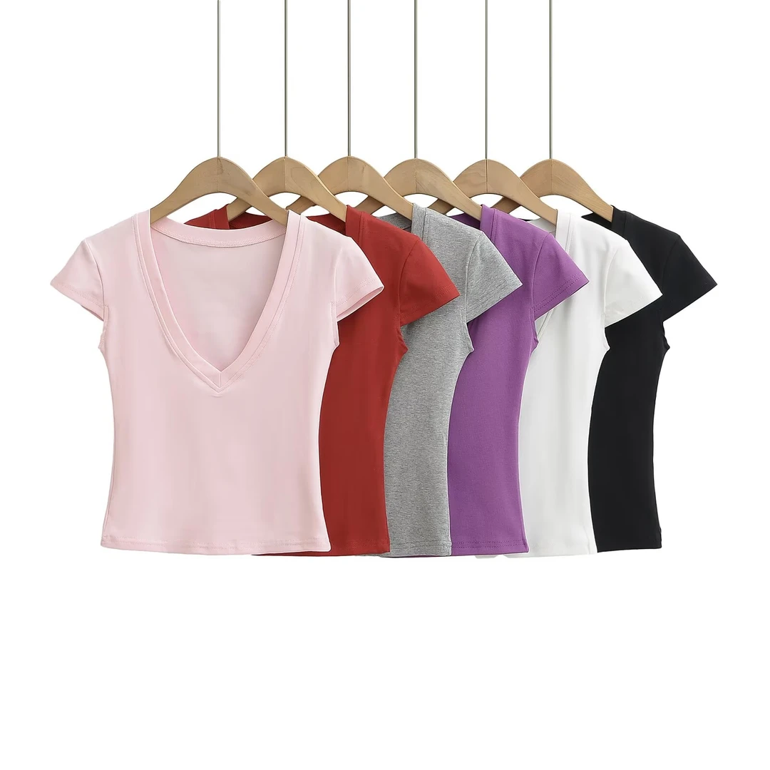 纯色V领短袖T恤显白显瘦法风上衣运动紧身打底衫舞蹈服服装