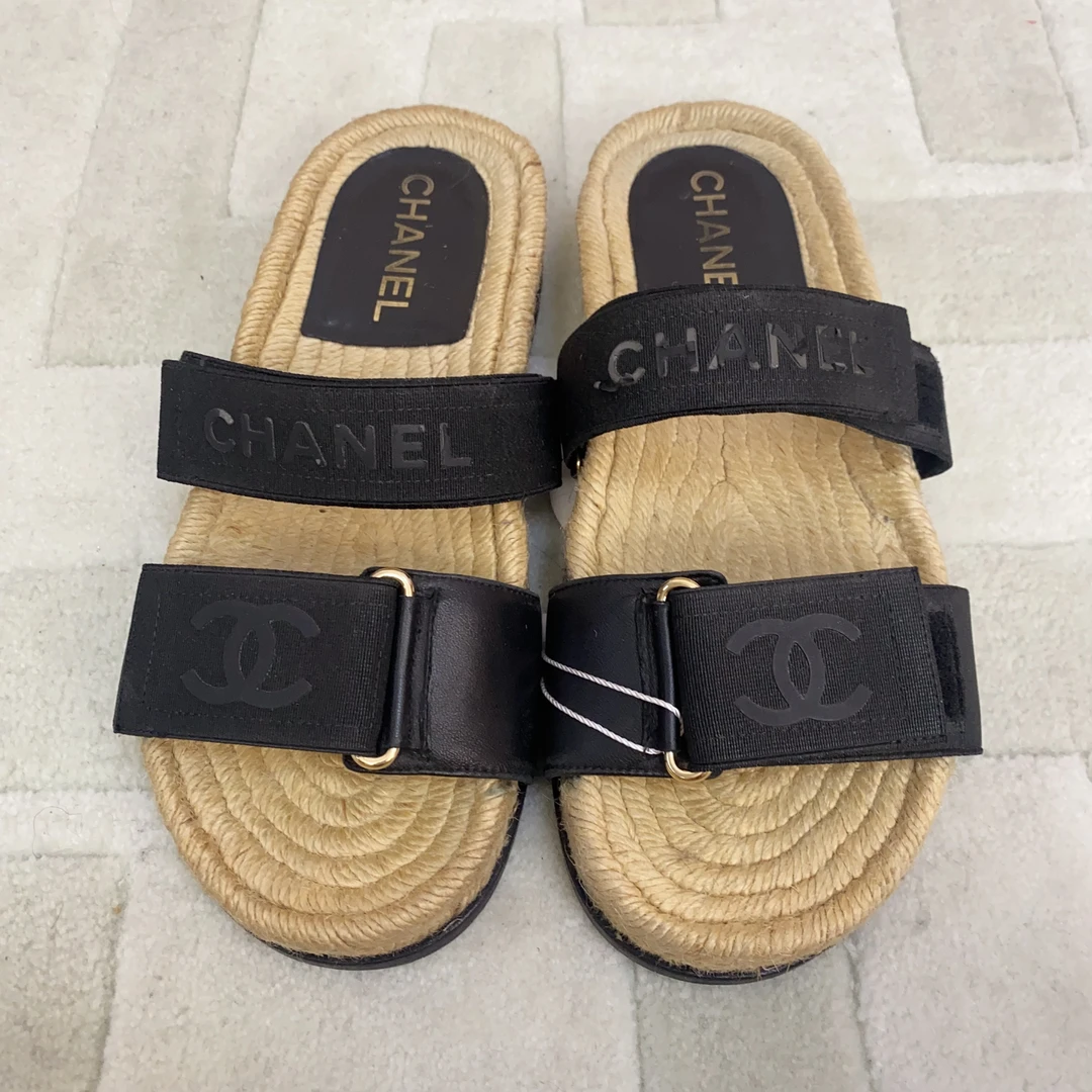 95新 Chanel/香奈儿 麦殿/草编凉鞋黑色37码/241118LJYYY06