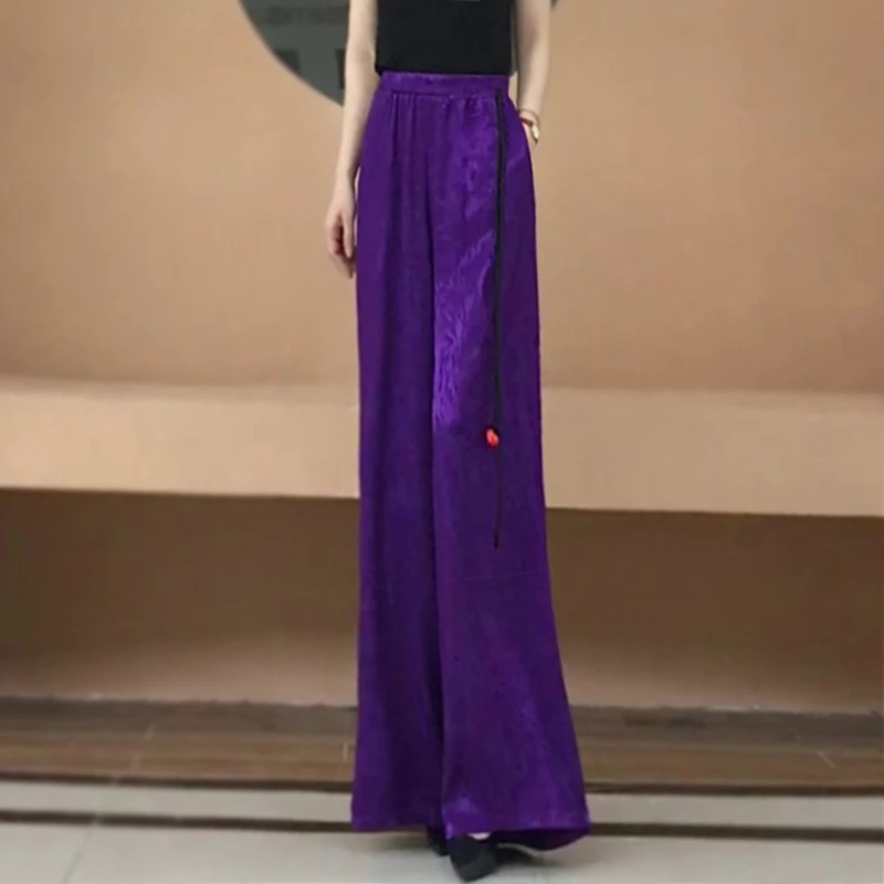 秋季新款阔腿裤长裤新中式提花飘带显瘦气质时尚休闲裤子直筒裤女