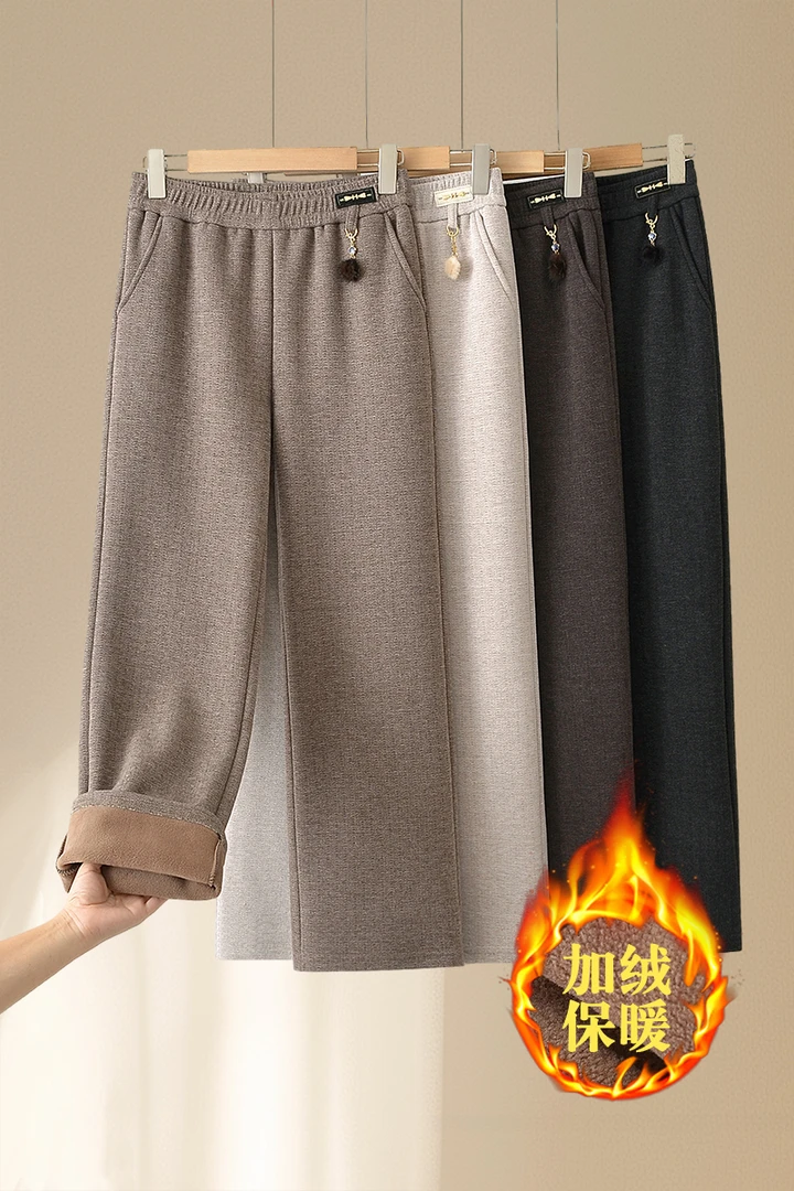 秋冬女裤直筒裤长裤加绒加厚休闲裤保暖洋气松紧腰纯色
