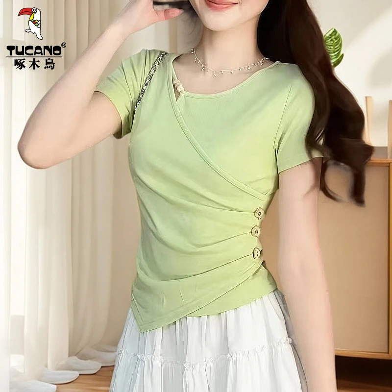 啄木鸟夏季女装纯欲风t恤女短袖V领不规则上衣收腰显瘦百搭T恤女