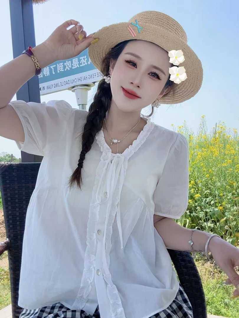 恰逢景梅子自留款夏季薄款女衬衫炸街设计感减龄木耳边防晒衬衫女