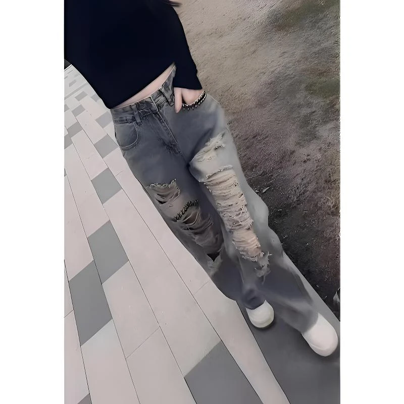 破洞直筒裤弹力小脚裤镂空女夏季牛仔裤做旧时尚长裤痞帅炸街裤子