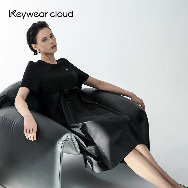 Keywearcloud奇威秋季不规则拼接短袖A字裙大摆连衣裙