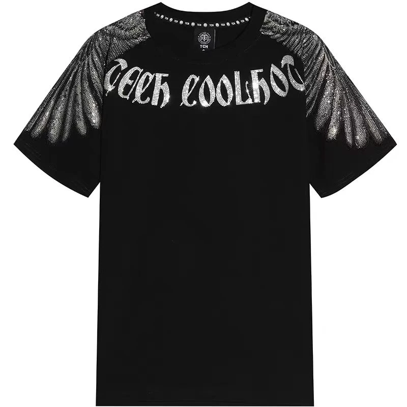 奥莱-TCH服饰十字烫钻黑色休闲百搭宽松T恤男女同款T21110C6086