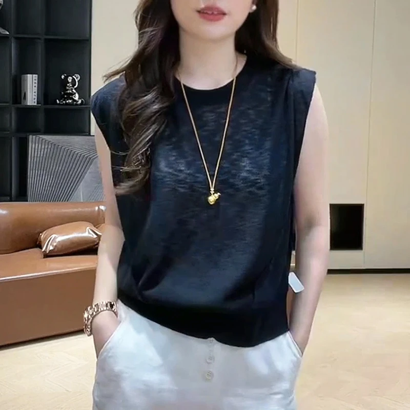 夏季韩版圆领无袖小兔子针织短袖纯色上衣单排扣设计感高腰阔腿裤