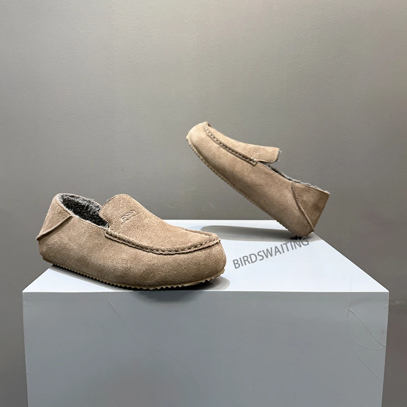 2025冬季新款一脚蹬懒人棉瓢鞋加绒复古真皮时尚休闲豆豆鞋男鞋子