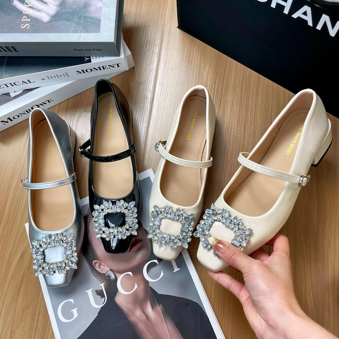 法式粗跟玛丽珍单鞋方头水钻浅口气质百搭女鞋春季新款