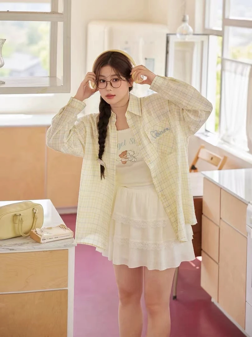 polo领格纹防晒长袖衬衫女户外休闲百搭时尚上衣白色短裙套装