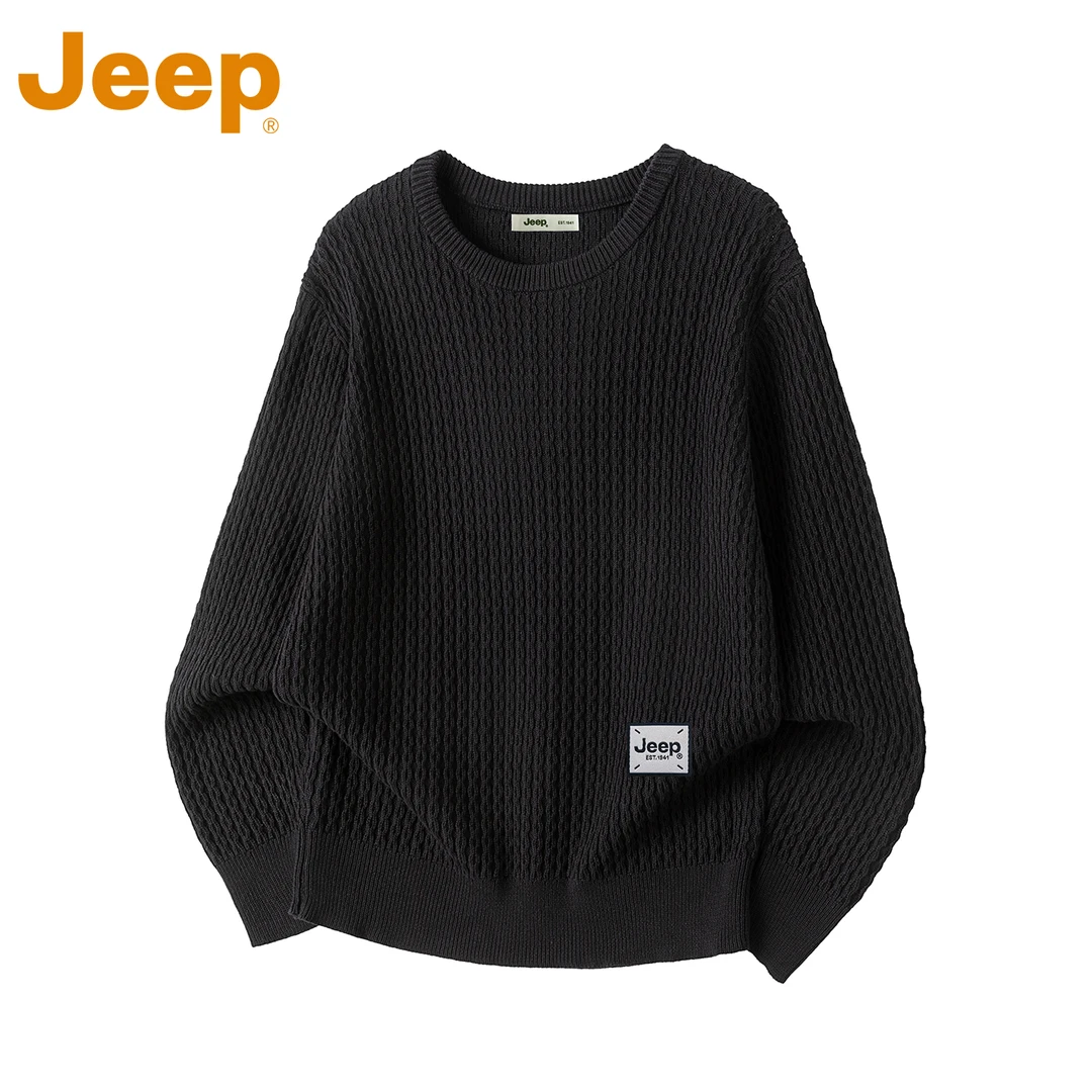 JEEP吉普黑色纯棉毛衣男款秋冬季新款宽松休闲圆领打底针织衫上衣