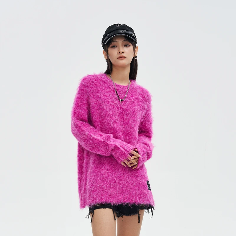 【商场专属】SCS潮流马海毛拉毛上衣圆领落肩宽松针织衫BX34S64011