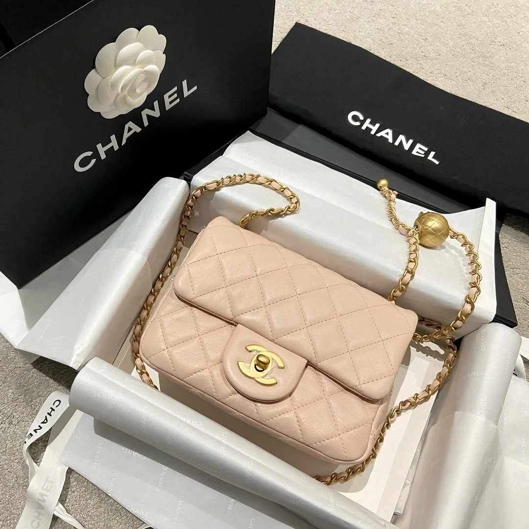 99新 Chanel/香奈儿 7414|香奈儿粉色芯片新款金球方胖子斜挎包|