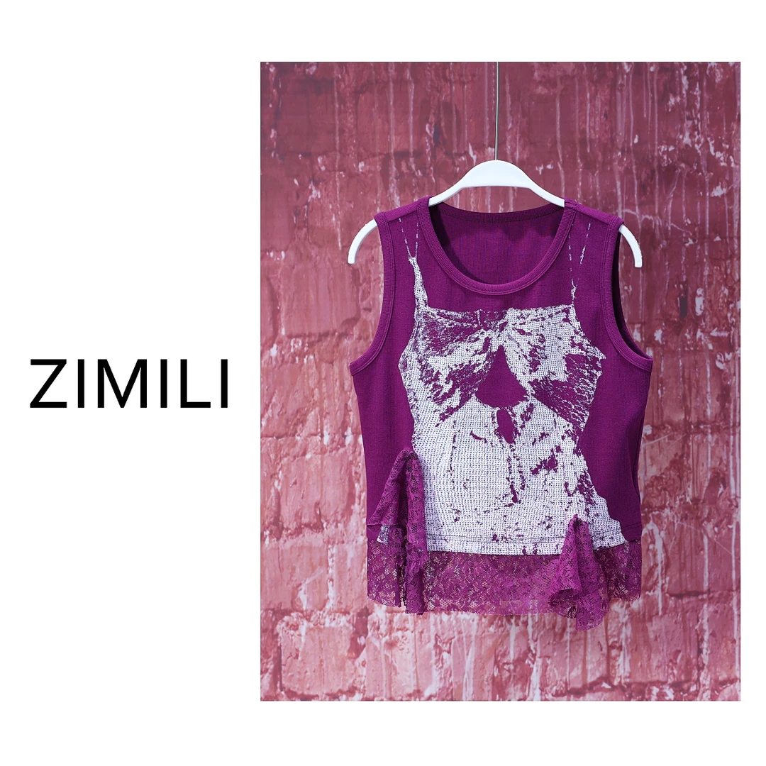 【亮哥女装】2025欧版牵牛紫印花拼接蕾丝背心7581