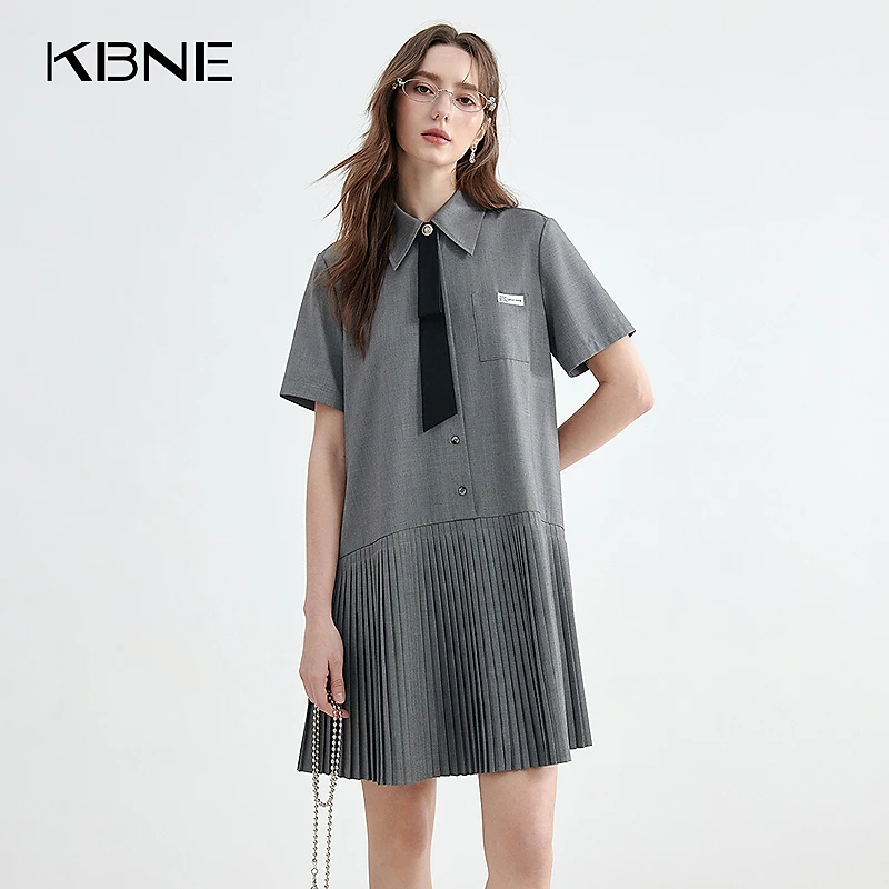 KBNE裙子女款爆款2025新款高级感夏季学院风灰色衬衫连衣裙百褶裙