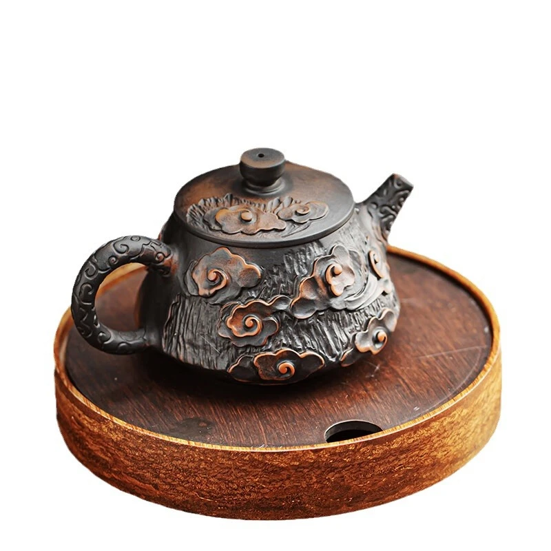 云南建水紫陶祥云石瓢吉祥茶壶纯手工雕刻薄胎浮雕功夫茶具紫砂