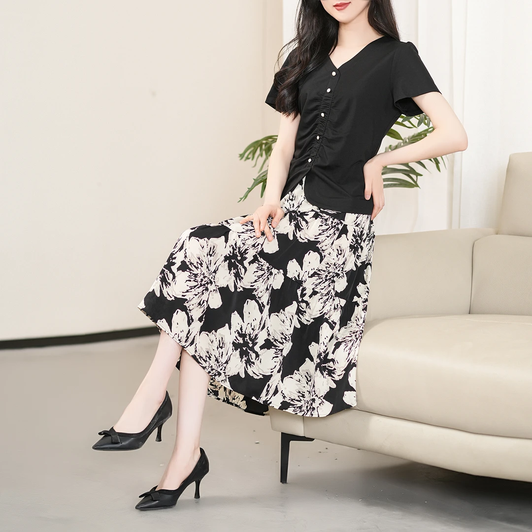 【夏季新款】洋气V领褶皱小衫印花半身裙两件套CS6100 衣长53裙长73