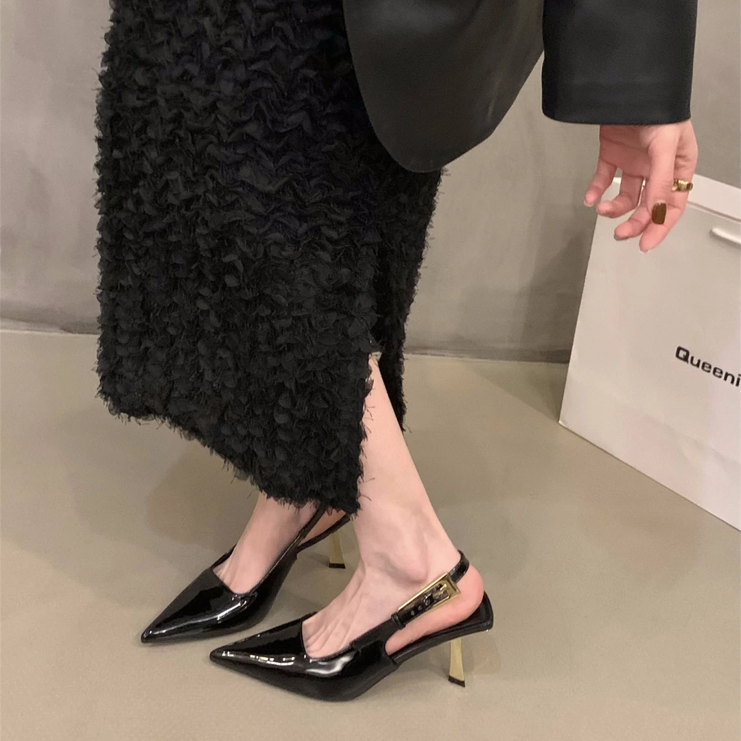 Amroze爆款~尖头高跟鞋黑色包头凉鞋仙女鞋子2025新款春夏季法式