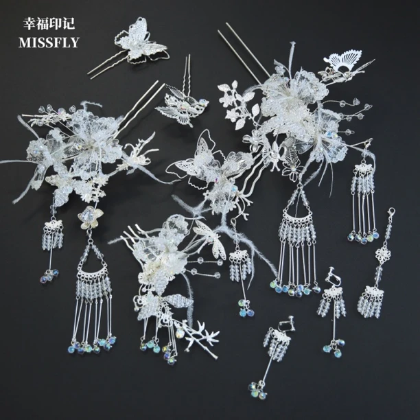 银色秀禾头饰晨袍新娘新中式发饰古风蝴蝶流苏配饰结婚减龄白月光