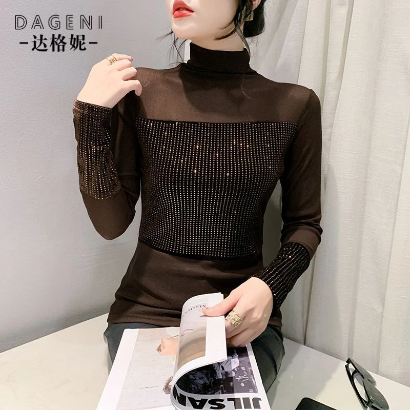 早春新款高领烫钻网纱拼接长袖t恤女内搭时尚洋气修身打底上衣女
