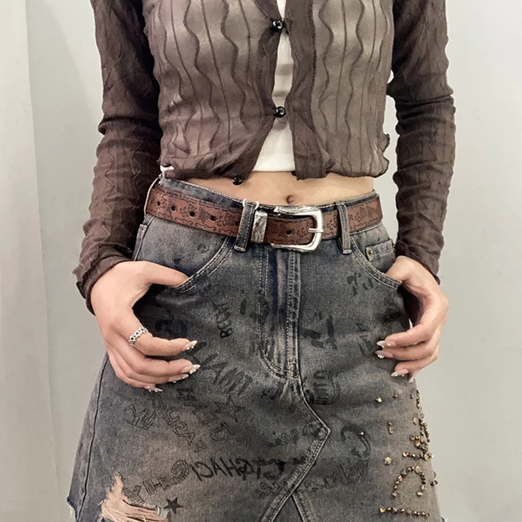 美式复古做旧压花白色腰带女2025新款百搭高级感牛仔裤配饰皮带潮