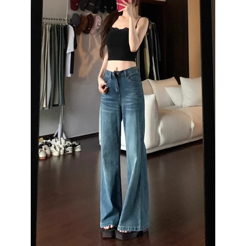 复古条纹喇叭牛仔裤女高腰显瘦大码胖mm遮肉梨形身材秋季上新裤子