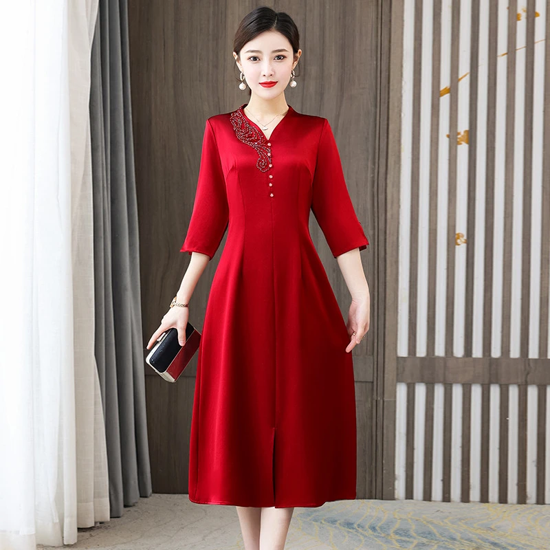 红色醋酸缎旗袍连衣裙女2021夏季新款中国风大气婚宴妈妈装长裙子