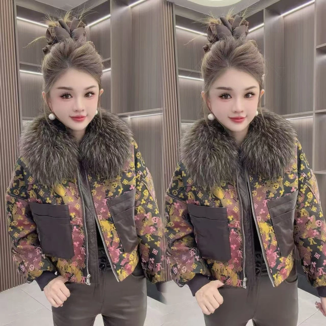 冬季6042 加棉皮草外套洋气可拆卸毛领雕花双兜重工单拉链外套