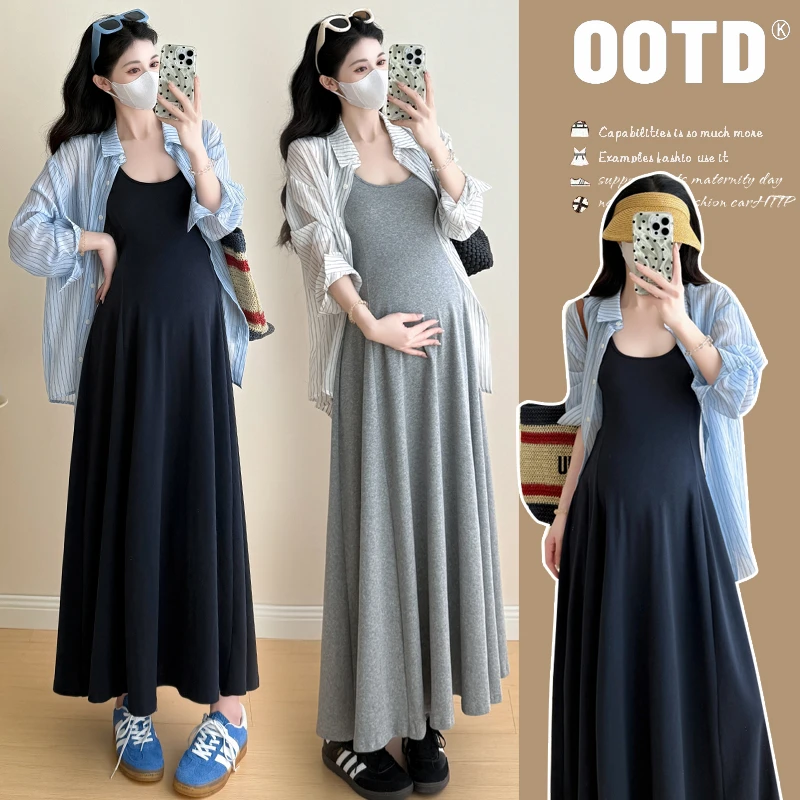孕妇装秋季时尚气质新款韩版显瘦吊装连衣裙宽松条纹防嗮衬衣套装