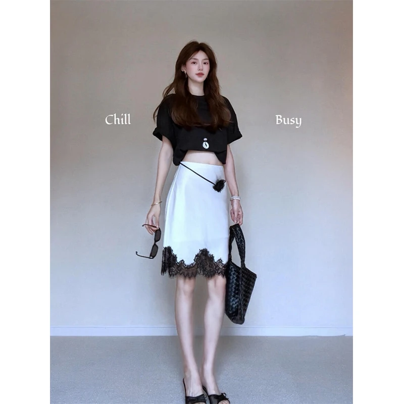 parkyeon夏季新款圆领短袖T恤上衣设计感高腰蕾丝拼接半身裙套装