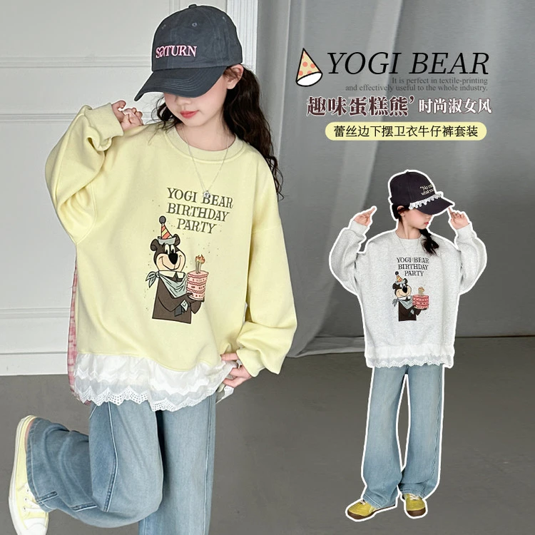 女童蕾丝拼接卫衣2025春装新款中大童连帽上衣宽松女孩花边打底衫