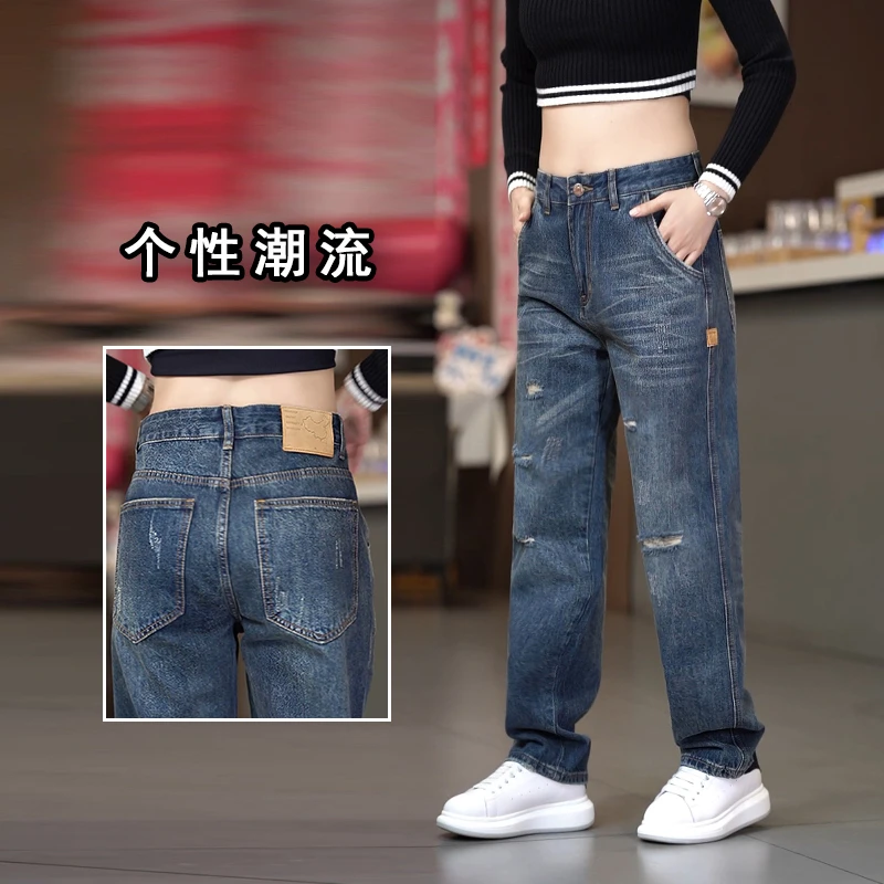 2025新款破洞牛仔裤男士潮流百搭复古直筒裤男装韩版宽松休闲裤子