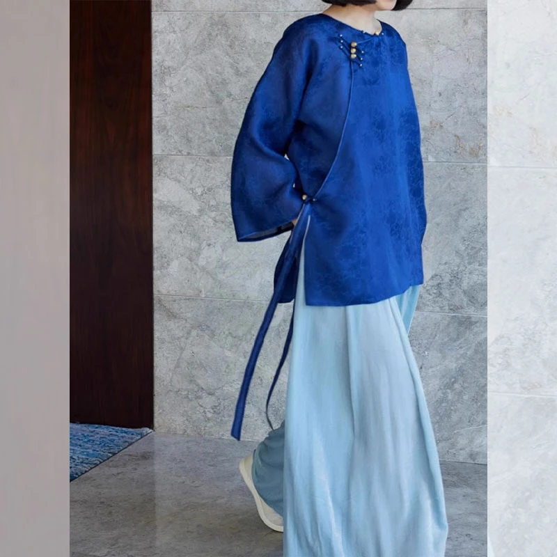 中式蓝色衬衫国风长袖设计上衣2025新款衬衣禅意气质中国风上衣