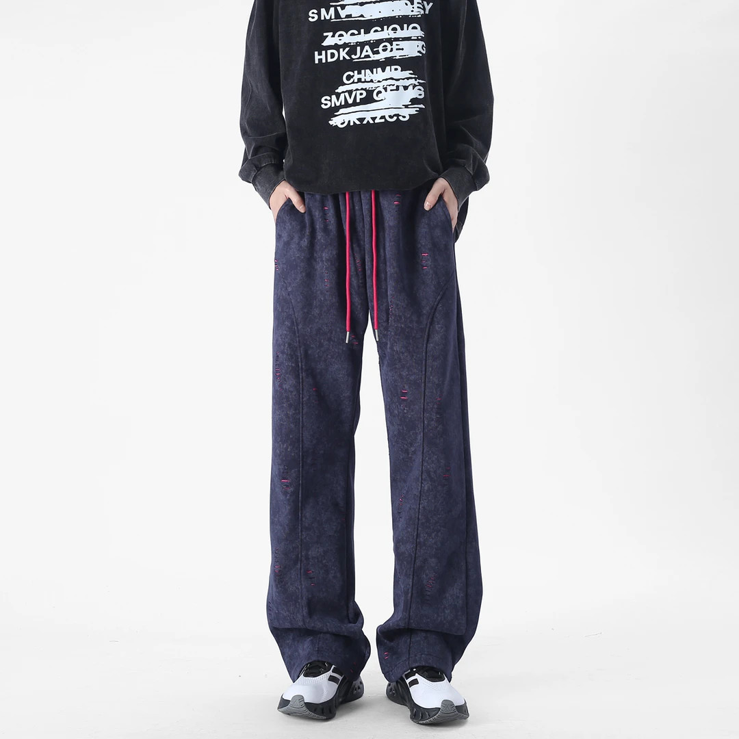 York Zoom秋季新款美式破坏扎染水洗运动卫裤长裤男直筒百搭透气