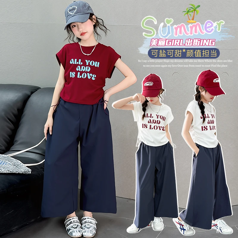 洋气女童夏季薄款棉布阔腿裙裤套装休闲时尚适合出街穿着尽显俏皮