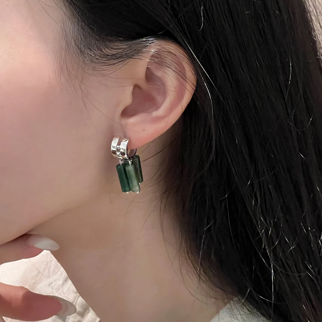 925银耳饰 大头姐 E26049 水草绿色长条流苏耳环