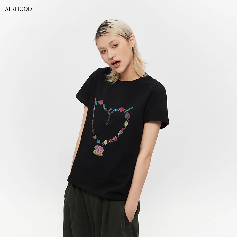 AIRHOOD2025夏季短袖T恤女ins潮百搭甜辣妹休闲正肩爱心上衣N5126