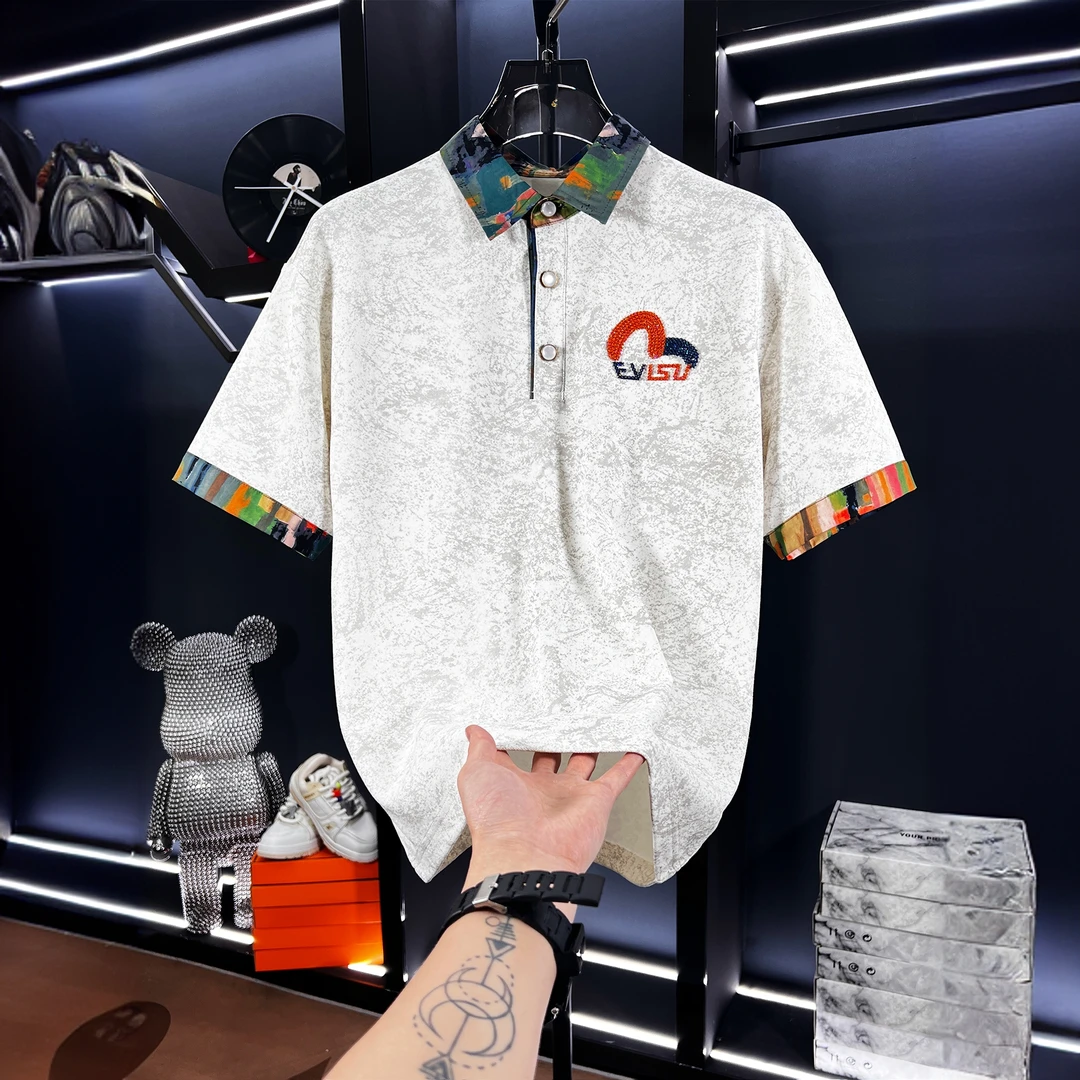 内米霍切设计感拼接袖短袖POLO衫男士潮流新款夏季刺绣T恤新款