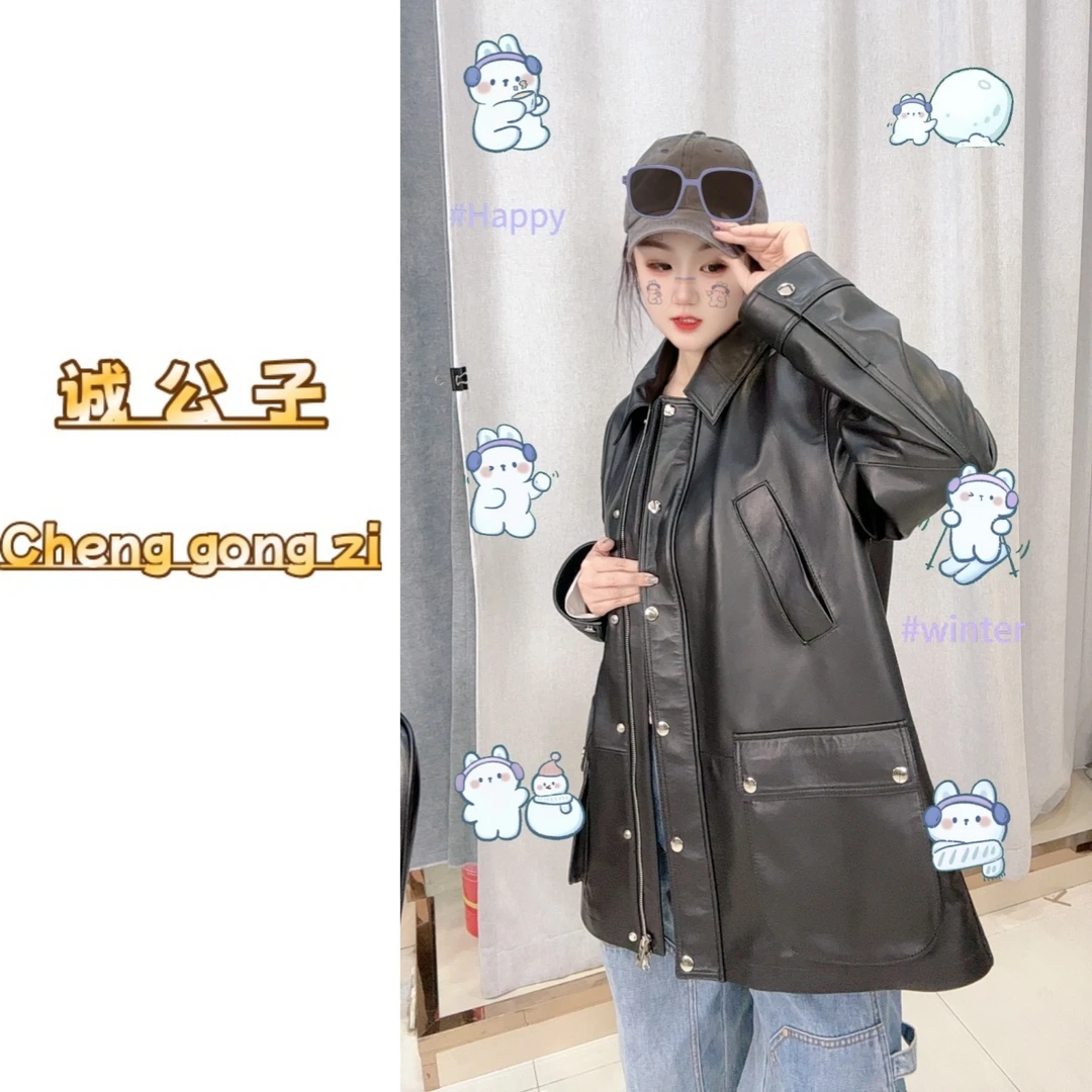陈太同款2025春季款真皮皮衣女中长款绵羊皮翻领外套宽松显瘦2501