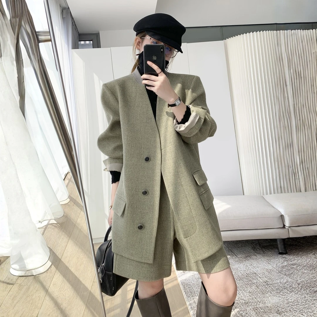 老钱风休闲简约百搭套装春季新款宽松显瘦显高长袖外套短裤两件套