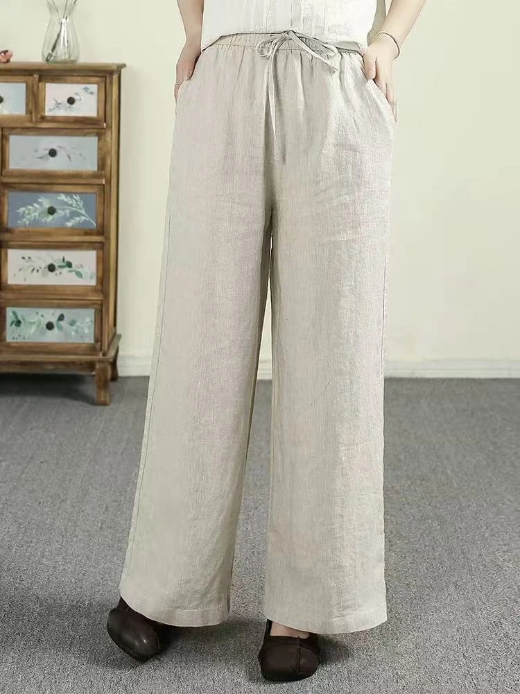 8016夏季亚麻抽绳松紧腰宽松百搭休闲透气阔腿裤