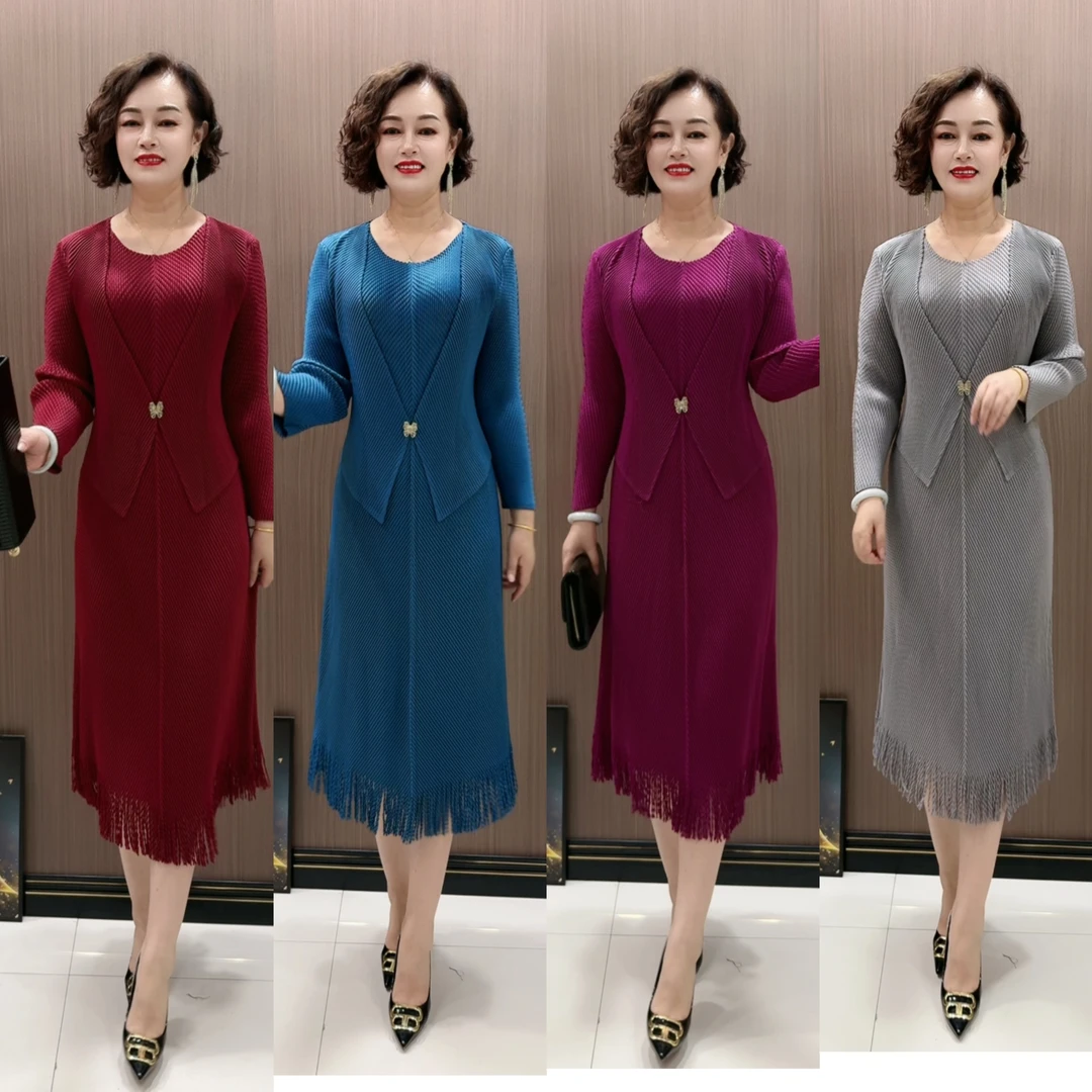 春秋新款假两件褶皱龙鳞褶长袖时尚显瘦气质韩版秋冬连衣裙裙子