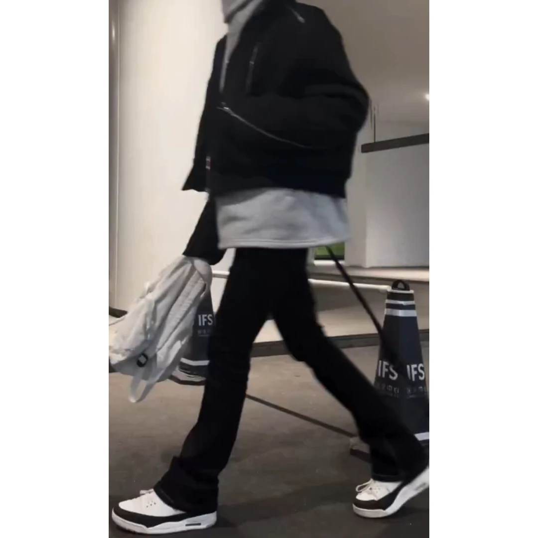 黑色高街潮男修身长裤喇叭设计感显瘦百搭嘻哈裤子轻奢痞帅时尚